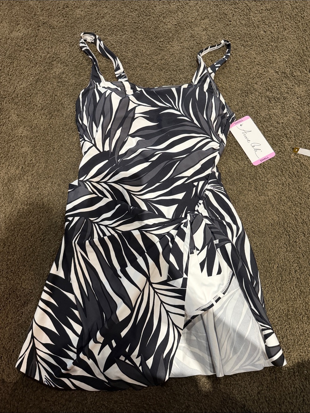 Anne Cole Black & White Palm-Print One-Piece Swimdress